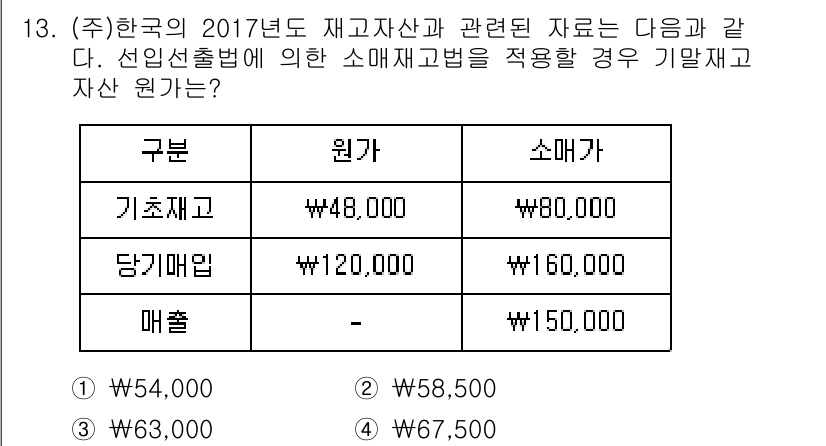 9급_국가직_공무원_회계원리 2018년 12번 - 기말 재고는 기초 재고와 매입, 판매를 고려하여 계산합니다. 기초재고 4... 에 관한 핵심 기출문제