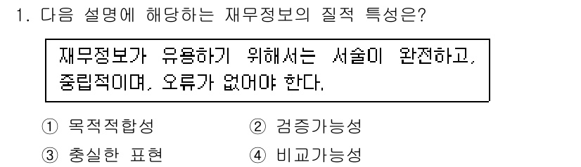 9급_국가직_공무원_회계학 2015년 1번 - 재무정보의 질적 특성 중에서 "모독적합성"은 정보가 특정 목적에 맞게 적... 에 관한 핵심 기출문제
