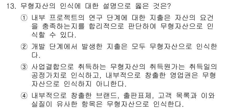 9급_국가직_공무원_회계학 2015년 12번 - 무형자산의 인식에 대한 설명 중 맞는 것은 '내부 연구개발에 의해 발생한... 에 관한 핵심 기출문제