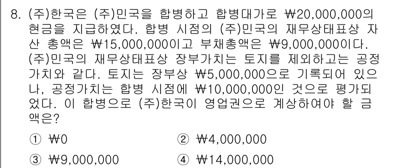 9급_국가직_공무원_회계학 2015년 8번 - (주)한국은 자산 총액을 기준으로 평가하였기 때문에 대차대조표를 통해 부... 에 관한 핵심 기출문제