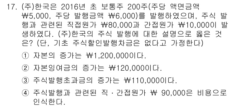 9급_국가직_공무원_회계학 2017년 12번 - 자본 전환금액을 계산할 때, 주식 발행 관련 비용은 자본에서 차감해야 하... 에 관한 핵심 기출문제