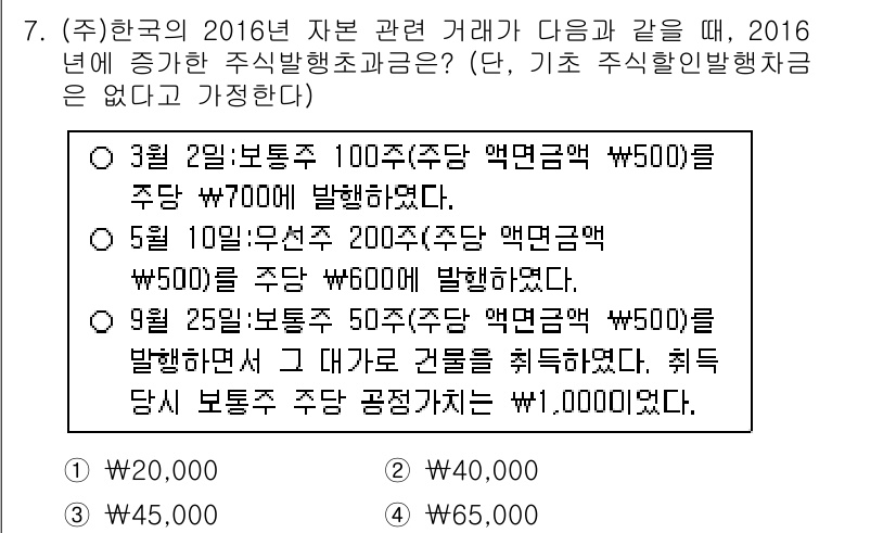 9급_국가직_공무원_회계학 2017년 5번 - 2016년 해당 거래를 통해 주식발행초과금이 증가하는 이유는, 보통주 발... 에 관한 핵심 기출문제