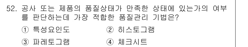 건설안전산업기사 2019년 52번 - 정답은 3번 체크시트입니다. 체크시트는 제품이나 공정의 품질이 기준에 부... 에 관한 핵심 기출문제