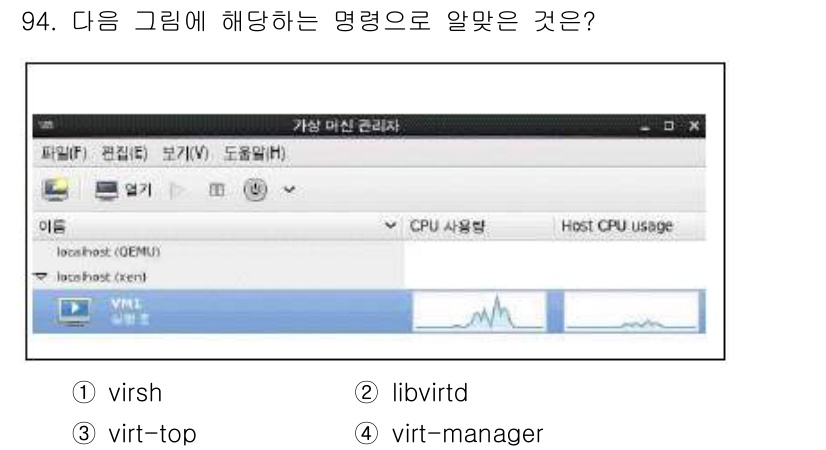 리눅스마스터_1급 2019년 94번 - 정답은 4번 "virt-manager"입니다. 그림에서 확인되는 GUI ... 에 관한 핵심 기출문제