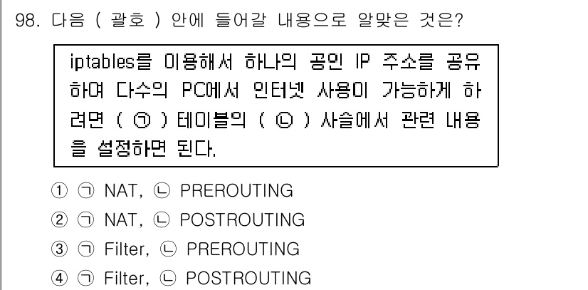 리눅스마스터_1급 2019년 98번 - . NAT  
NAT(Network Address Translation)... 에 관한 핵심 기출문제