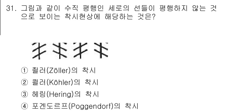 건설안전기사 2019년 31번 - 정답은 3번 '헤링(Hering)의 착시'입니다. 헤링 착시는 평행선이 ... 에 관한 핵심 기출문제