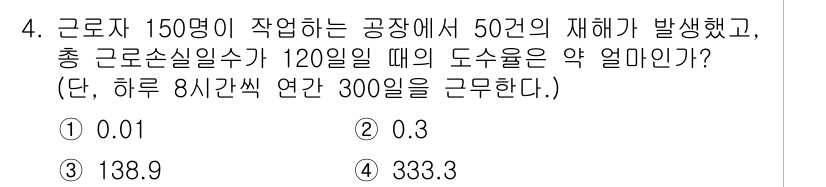 건설안전기사 2019년 4번 - 재해율은 50건의 재해가 150명의 근로자에게 발생했으므로, 총 재해율은... 에 관한 핵심 기출문제