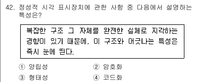 건설안전기사 2019년 43번 - 정답인 2번(앙홈화)은 정성적 시각 표시장치의 특성을 설명하는 데 적합합... 에 관한 핵심 기출문제
