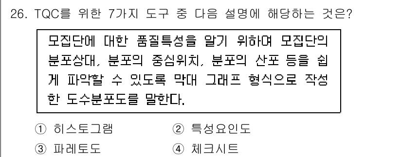 건축기사 2019년 26번 - 정답은 1번 '히스토그램'입니다. 히스토그램은 데이터의 분포를 시각적으로... 에 관한 핵심 기출문제