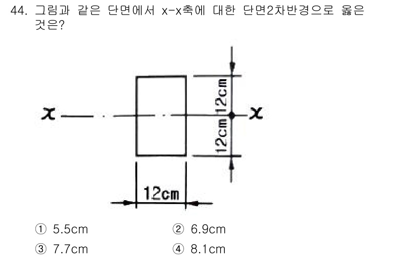 건축기사 2019년 44번 - 주어진 문제에서 x-x축에 대한 단면 2차 모멘트를 계산할 때, 해당 단... 에 관한 핵심 기출문제