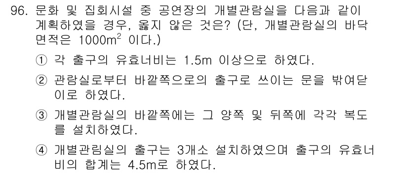 실내건축기사(구) 2019년 96번 - 정답 4번은 개별 관람실의 출구가 3개 설치되었으나, 유효높이가 4.5m... 에 관한 핵심 기출문제