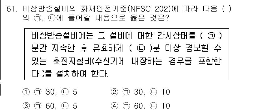 소방설비기사(전기분야) 2019년 61번 - 비상방송설비의 화재안전기준(NFSC 202)에서는 비상방송설비가 감시상태... 에 관한 핵심 기출문제