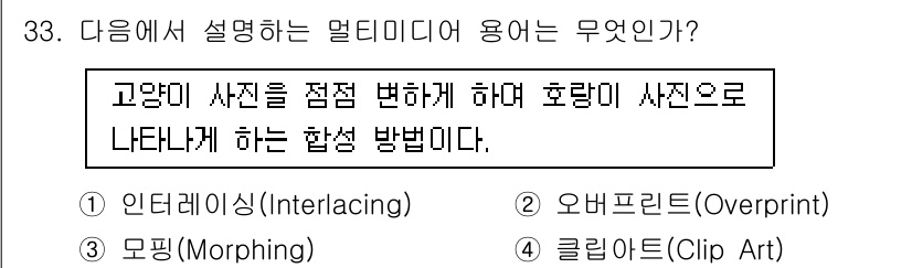 인터넷정보관리사_2급 2019년 33번 - 정답은 3. 모핑(Morphing)이다. 모핑은 이미지나 비디오에서 한 ... 에 관한 핵심 기출문제