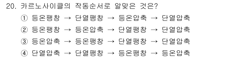 에너지관리산업기사 2019년 20번 - 키르노사이클의 작동순서를 이해하기 위해서는 각 단계의 역할을 알아야 합니... 에 관한 핵심 기출문제