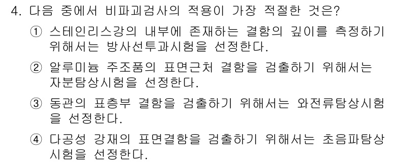 침투비파괴검사기사(구) 2019년 4번 - 비파괴검사에서 스테인리스강 내부의 결함 깊이를 측정할 때는 방사선투과시험... 에 관한 핵심 기출문제