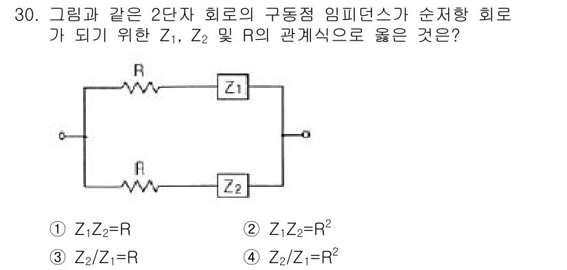 철도신호기사 2015년 30번 - Z1, Z2 = R의 관계식은 두 임피던스가 직렬 연결된 경우입니다. 이... 에 관한 핵심 기출문제