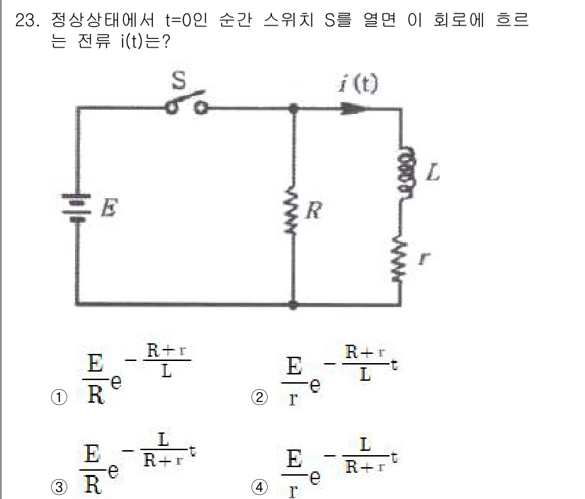 철도신호기사 2016년 23번 - 이 회로의 전류 \( i(t) \)는 커패시터가 없고, 인덕터와 저항이 ... 에 관한 핵심 기출문제