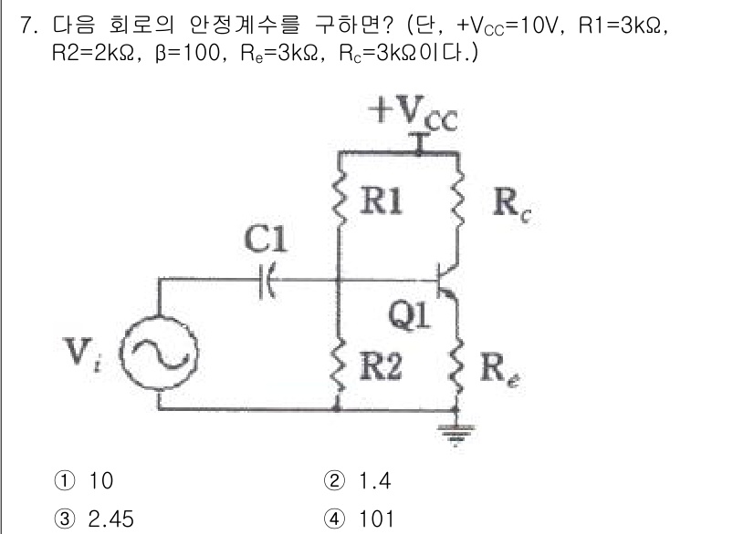 철도신호기사 2016년 7번 - 주어진 회로에서 **안정성 수**는 베타(β)와 입력 저항, 출력 저항을... 에 관한 핵심 기출문제