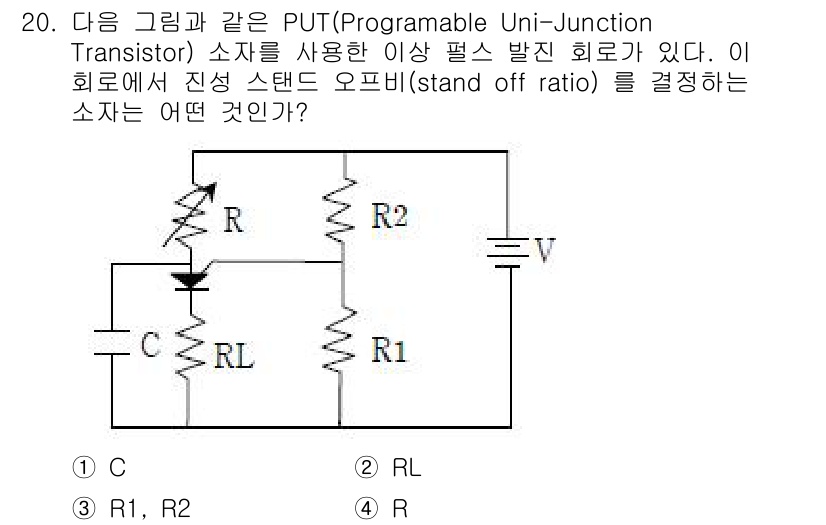 철도신호기사 2017년 20번 - 위 회로에서 진정 스탠드 오프 비(stand off ratio)는 PUT... 에 관한 핵심 기출문제