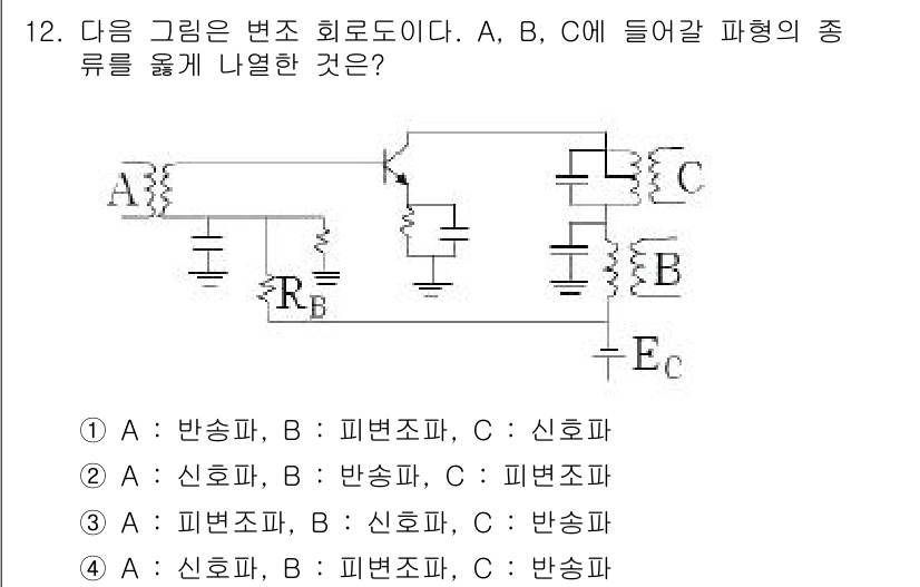 철도신호기사 2018년 12번 - 주어진 회로에서 A는 발송파, B는 피변조파, C는 신호파로 나타낼 수 ... 에 관한 핵심 기출문제