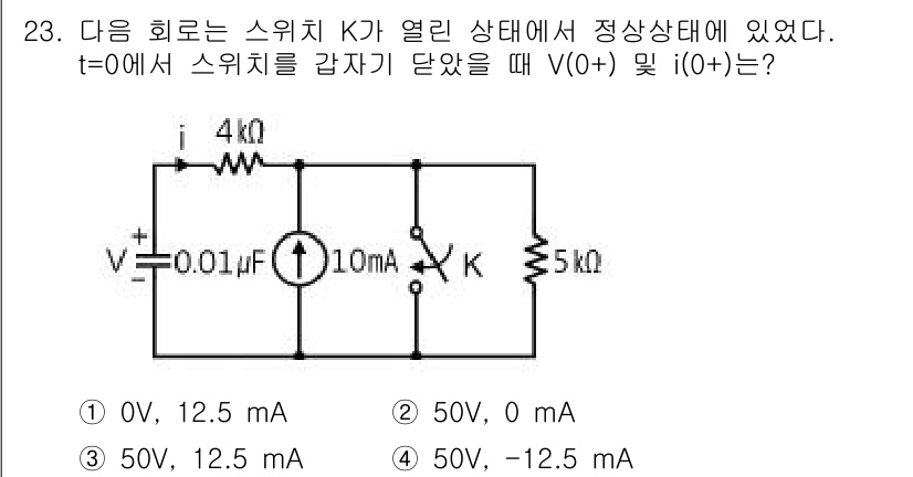 철도신호기사 2018년 23번 - 스위치 K가 열려 있을 때, V(0+)는 전압이 0V로 유지되고 있습니다... 에 관한 핵심 기출문제
