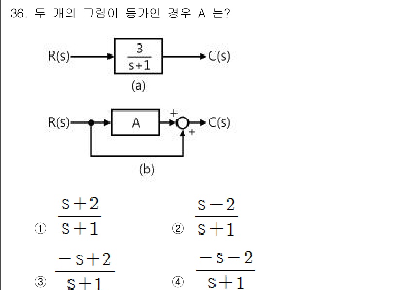 철도신호기사 2018년 36번 - 정답은 ①입니다. 주어진 전이 함수에서 \( R(s) \)와 \( C(s... 에 관한 핵심 기출문제