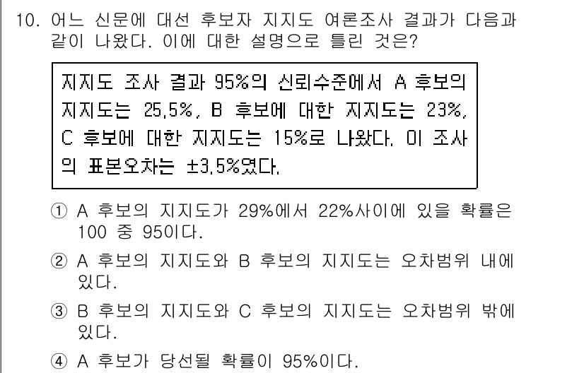 사회조사분석사_1급 2016년 10번 - 주어진 문제에서 A 후보의 지지도가 29%로 22% 이상일 확률이 100... 에 관한 핵심 기출문제