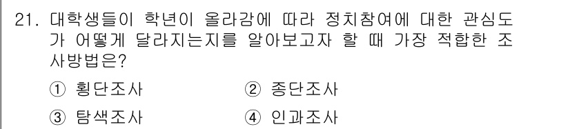 사회조사분석사_1급 2016년 21번 - 정답은 3번 탐색조사입니다. 탐색조사는 특정 주제에 대한 초기 정보를 수... 에 관한 핵심 기출문제