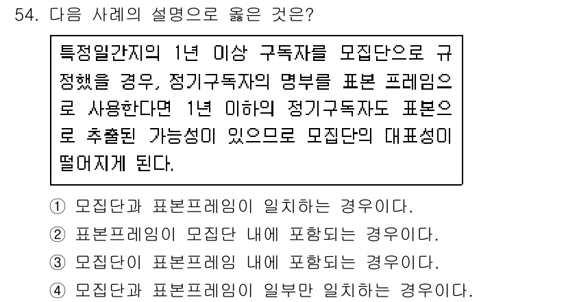 사회조사분석사_1급 2016년 54번 - 모집단과 표본프레임의 관계를 설명할 때, 표본 프레임은 모집단을 대표해야... 에 관한 핵심 기출문제