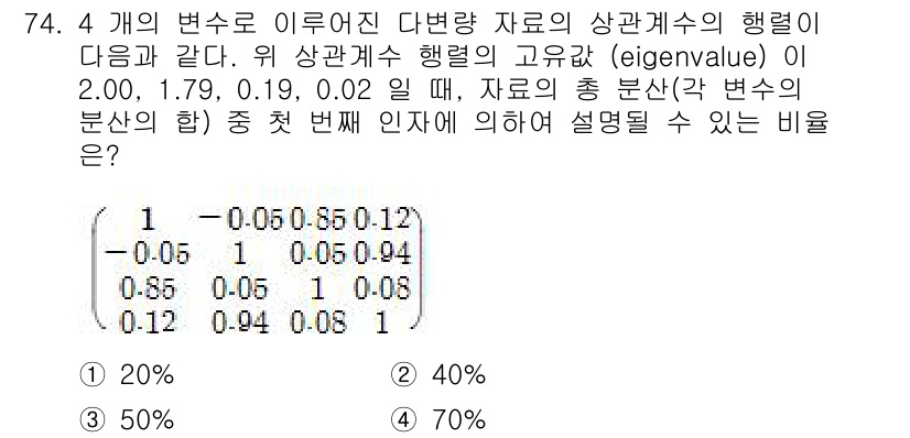 사회조사분석사_1급 2019년 74번 - 주어진 행렬에서 고유값이 2.00, 1.79, 0.19, 0.02일 때,... 에 관한 핵심 기출문제