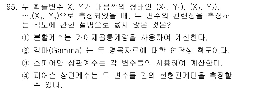 사회조사분석사_1급 2019년 95번 - 정답인 이유는 3가지입니다. 첫째, 분할변수의 카이제곱 검정은 두 범주형... 에 관한 핵심 기출문제