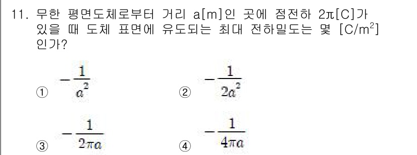 전기산업기사 2018년 11번 - 주어진 식에서 유도전하 밀도는 전기장(E)과 관련이 있으며, 평면 도체의... 에 관한 핵심 기출문제