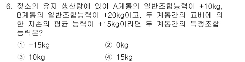 축산기사 2019년 6번 - 문제에서 A와 B 두 개통의 일반조합능력에 따라 자손의 평균 능력인 15... 에 관한 핵심 기출문제
