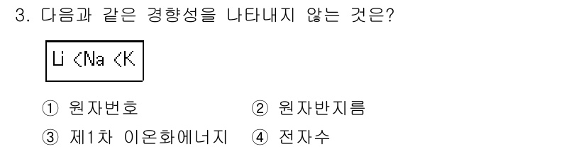 위험물산업기사 2019년 3번 - 원자 이온화 에너지는 원소의 전자 구조와 관련이 있지만, 원자 번호와 원... 에 관한 핵심 기출문제