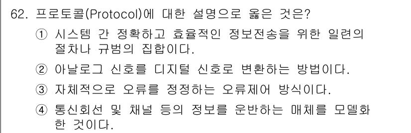 사무자동화산업기사 2019년 62번 - . 

프로토콜은 시스템 간의 정보 전송을 위해 필요한 규칙과 형식을 정... 에 관한 핵심 기출문제