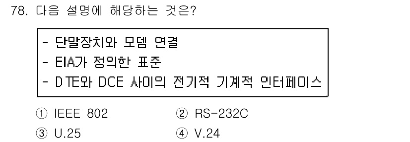 사무자동화산업기사 2019년 78번 - 정답은 2번 RS-232C입니다. RS-232C는 단말장치와 모델 간의 ... 에 관한 핵심 기출문제