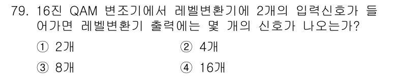 사무자동화산업기사 2019년 79번 - 16진 QAM 변조 방식에서 레이블 변환기가 2개의 입력 신호를 가진 경... 에 관한 핵심 기출문제