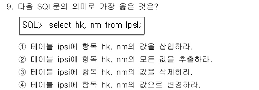 사무자동화산업기사 2019년 9번 - SQL문의 의미를 분석하면, `select hk, nm from ipsi... 에 관한 핵심 기출문제