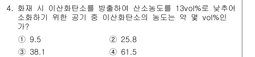 소방설비기사(기계분야) 2019년 4번 - 화재 시 이산화탄소를 사용하여 소화하기 위해 필요한 공기 중 이산화탄소의... 에 관한 핵심 기출문제