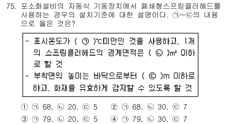 소방설비기사(기계분야) 2019년 75번 - 정답 2번은 폐쇄형 스프링클러의 설치 기준을 명확히 하고 있습니다. 이는... 에 관한 핵심 기출문제