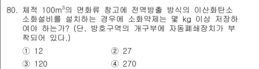 소방설비기사(기계분야) 2019년 80번 - 소화약제의 양은 저장소의 크기와 용도에 따라 다르며, 방화 구역의 면적과... 에 관한 핵심 기출문제