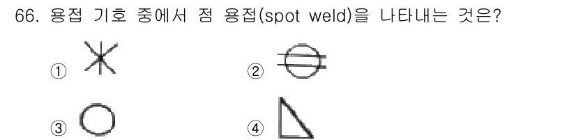 컴퓨터응용가공산업기사 2019년 67번 - . 점 용접을 나타내는 기호는 두 개의 평행한 선이 중간에서 연결된 형태... 에 관한 핵심 기출문제