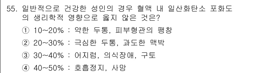 화재감식평가기사 2019년 55번 - 40~50%의 산소 농도에서는 호흡 정지와 사망의 위험이 크게 증가합니다... 에 관한 핵심 기출문제