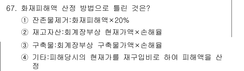 화재감식평가기사 2019년 67번 - 화재피해액 산정에서 잔존물이익을 고려해야 하며, 이는 화재로 인해 잔존해... 에 관한 핵심 기출문제