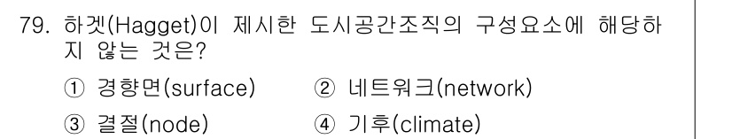 도시계획기사 2019년 79번 - 하겟(Haggett)이 제시한 도시공간간조직의 구성 요소는 경향면, 네트... 에 관한 핵심 기출문제