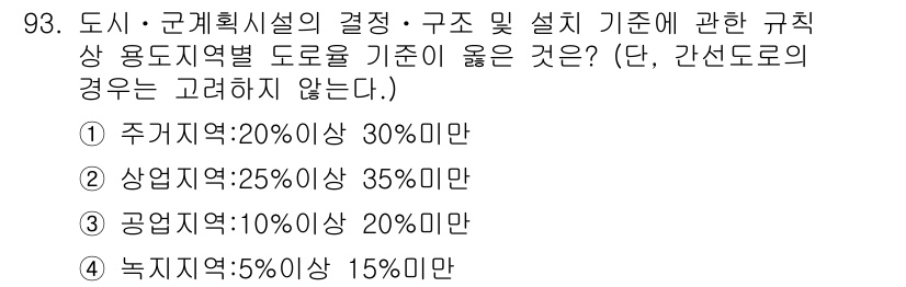 도시계획기사 2019년 93번 - 주거지역은 용적률이 20% 이상 및 30% 미만으로 규정되어 있어, 해당... 에 관한 핵심 기출문제