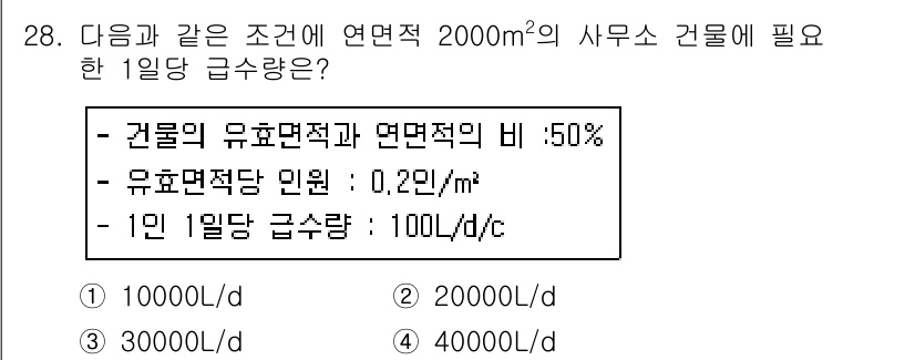 건축설비기사 2019년 28번 - 1일당 급수량은 건물의 유효면적과 연면적의 비율을 고려하여 계산합니다. ... 에 관한 핵심 기출문제