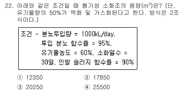 폐기물처리기사 2019년 22번 - 주어진 문제에서 소화조의 용량을 계산하기 위해서는 유기물 농도와 투입 분... 에 관한 핵심 기출문제