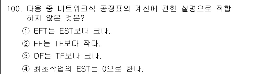 조경기사 2019년 100번 - 네트워크의 공정표에서 DF(준비시간)는 TF( Total Float )보... 에 관한 핵심 기출문제