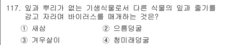 조경기사 2019년 117번 - 정답은 1) 새삼입니다. 새삼은 잎과 줄기가 없는 기생식물로, 다른 식물... 에 관한 핵심 기출문제